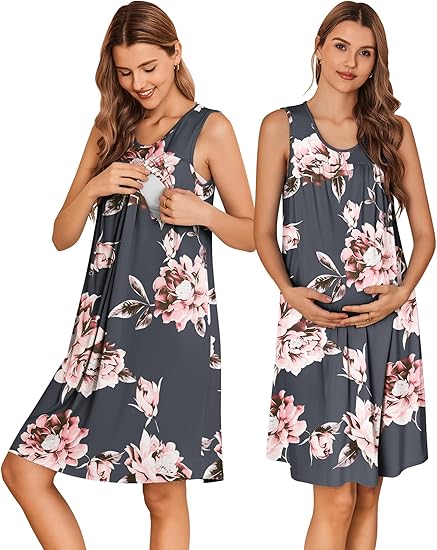 Ekouaer Maternity Nursing Dress Nightgown Labor and Delivery Gown Sleeveless Pregnancy Breastfeeding Dresses