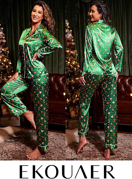Ekouaer Women's Classic Button Down Long Satin Silk Pajama Set