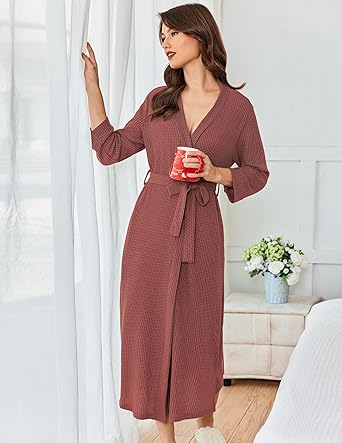 Ekouaer Women's Robe Long Waffle Knit Bathrobe Lightweight Soft Robes Loungewear Big Waffle-gray Purple M