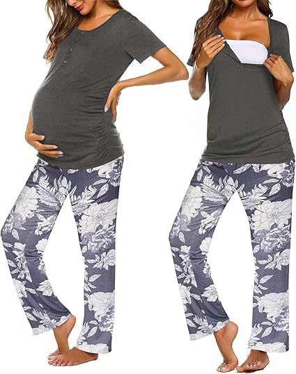 Ekouaer Women's Maternity Nursing Pajamas Sets Breastfeeding Printed Sleepwear Short Sleeve 2 Pcs Henley Top and Pants Set