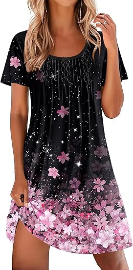 Ekouaer Nightgowns for Women Pleated Sleep Shirts Short Sleeve Night Shirts Lace Trim Night Gown Ladies Sleep Dress