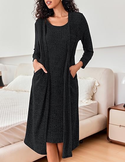 Ekouaer Womens Knit Robe Set 2 Piece Nightgown with Robes Long Sleeves Lounge Sets with Pockets