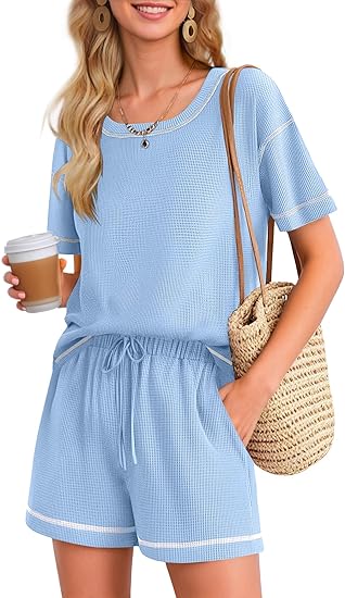 Ekouaer Women's Waffle Knit Two Piece Lounge Set, Soft Matching Outfits for Daily Wear, Casual Shorts Set with Pocket