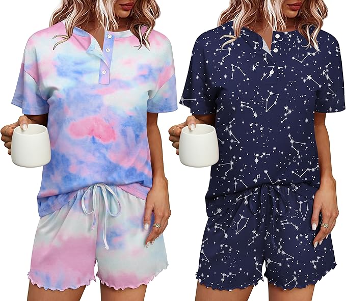 Ekouaer 2 Pack Womens Pajama Sets Short Sleeve Top with Shorts Soft Comfy Loungewear Sleepwear