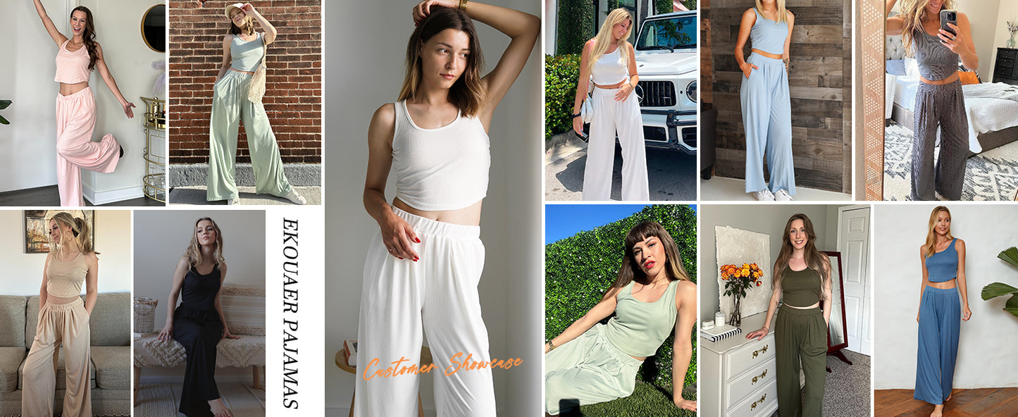 Ekouaer Women's Pajamas 2 Piece Lounge Set Ribbed Knit Loungewear Sleeveless Tank Top Wide Leg Pants