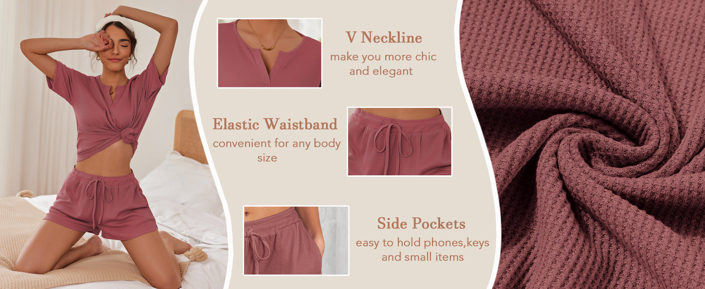Ekouaer Waffle Knit Lounge Sets for Women 2 Piece Outfits Short Sleeve Top and Shorts Pajama Sets Tracksuit Sweatsuits