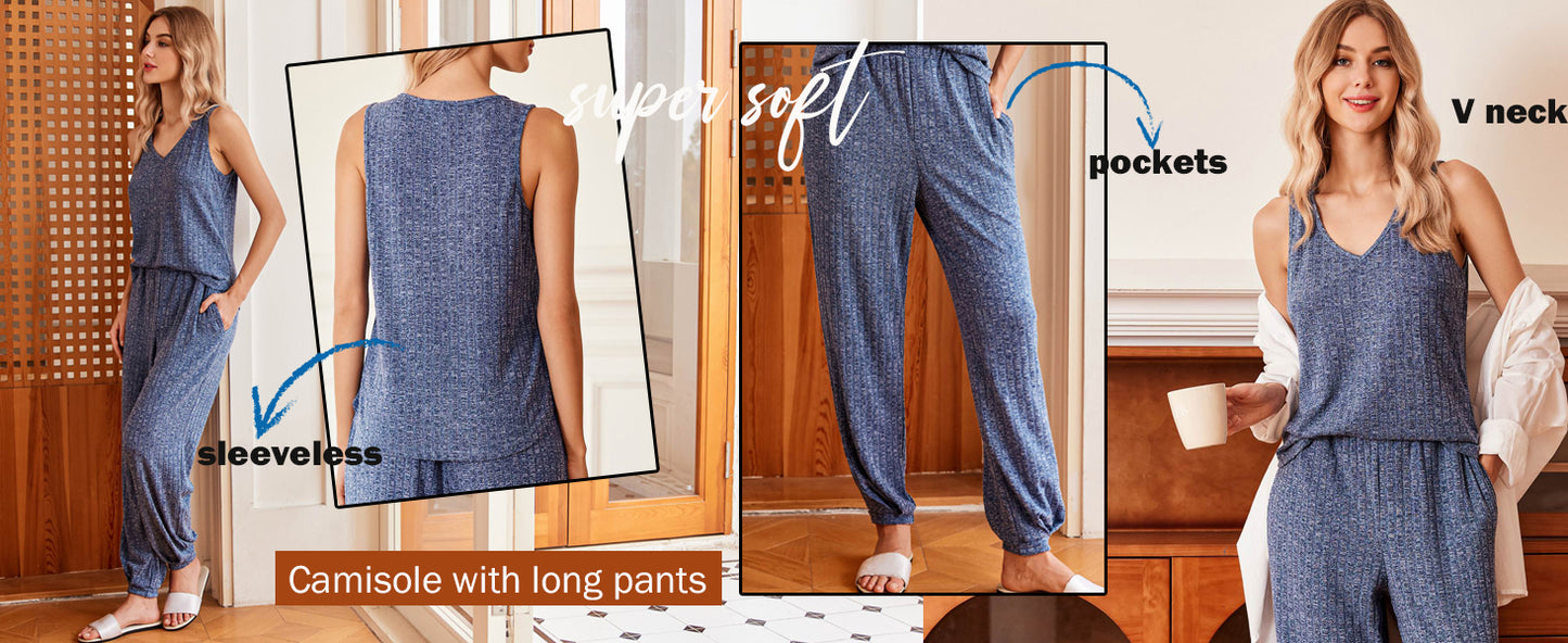 Ekouaer Women's Pajamas Sleeveless Summer Lounge Set Ribbed Knit Pj Loungewear Soft Tank Sleepwear Nightwear