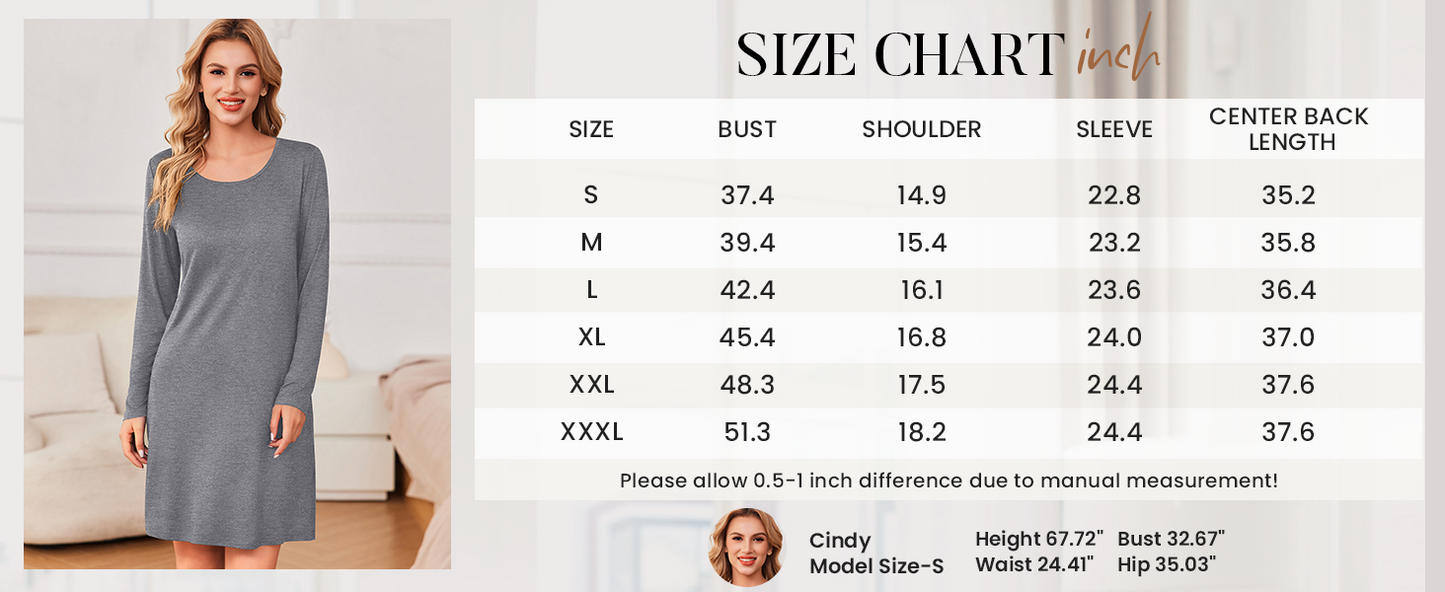Ekouaer 3 Pack Women's Nightgowns Long Sleeve Sleep Shirts Comfy Soft Nightshirt Women Pajama Sleep Dress Cute Sleepwear