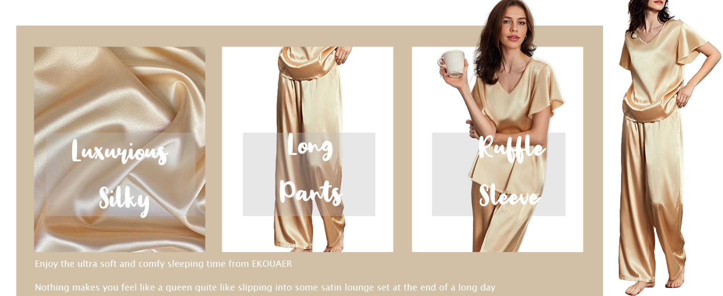 Ekouaer Women's Satin Silky Pajama Set 2 Piece Short Sleeve Shirt with Long Pants Pjs Sets Soft PJ Loungewear