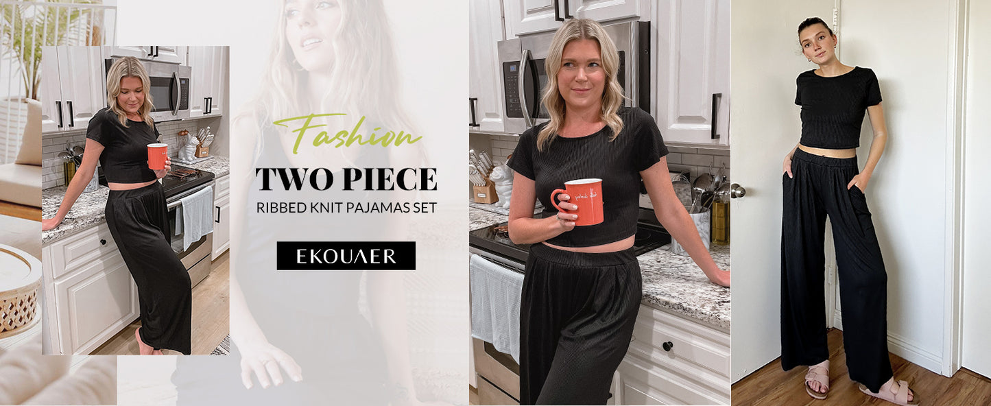 Ekouaer Women's 2 Piece Lounge Sets Short Sleeve Pajama Set Ribbed Knit Crop Top Wide Leg Pants Loungewear