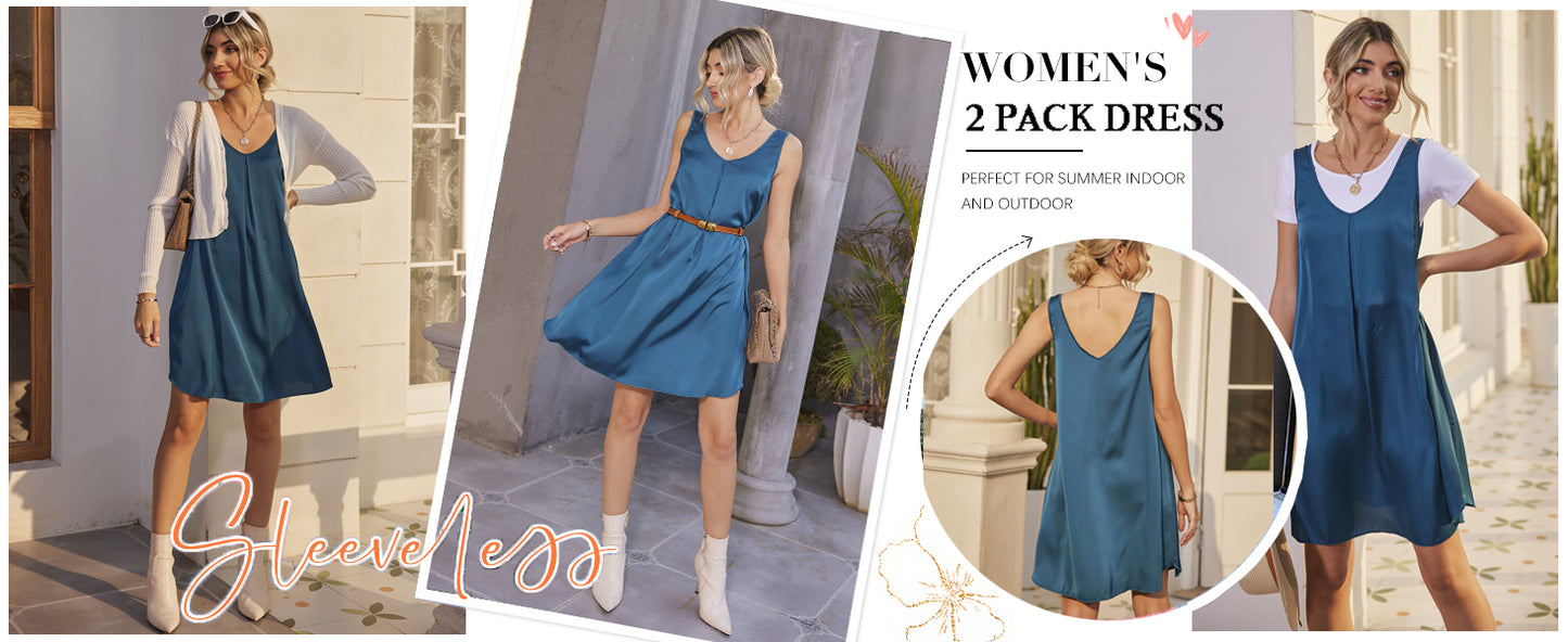 Ekouaer Women's 2 Pack Satin Silk Nightgown Sleeveless Sleep Dress V Neck Nightshirt Soft Tank Pleated Nightdress