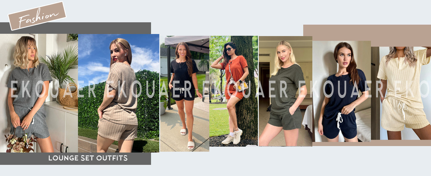Ekouaer Ribbed Knit Lounge Sets for Women 2 Piece Outfits Short Sleeve Top and Shorts Pajama Sets Tracksuit Sweatsuits