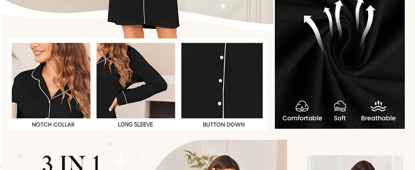 Ekouaer Women's Nightgown Long Sleeve Nightshirt Button Down Sleepshirt Boyfriend Sleepwear Pajama Dress