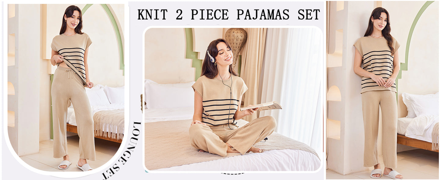 Ekouaer Striped Lounge Set 2 Piece Sweater Matching Outfits Travel Knit Clothing Sets for Women