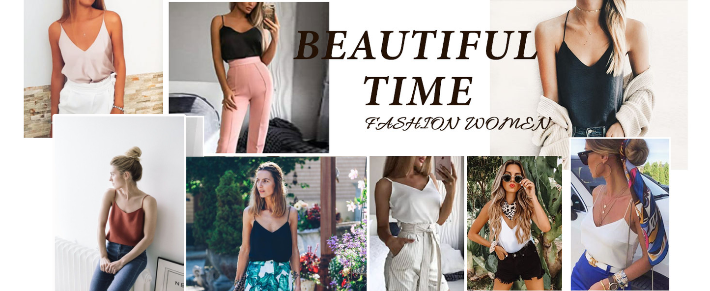 Ekouaer Womens Silk Satin Tank Tops V Neck Camisole Spaghetti Strap Top Summer Basic Blouse