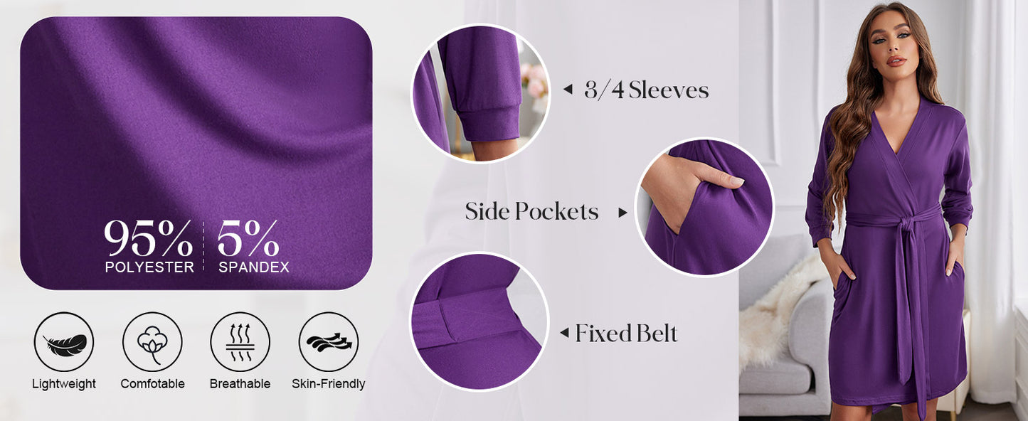 Ekouaer Women??s Robes Lightweight 3/4 Sleeve Short Knit Bathrobe Soft Knee Length Sleepwear Robes with Pockets