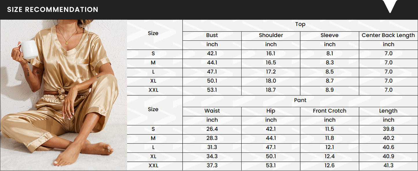 Ekouaer Satin Pajamas for Women Short Sleeve Silk Pajama Sets Soft Sleepwear Top with Causal Long Pj Pant