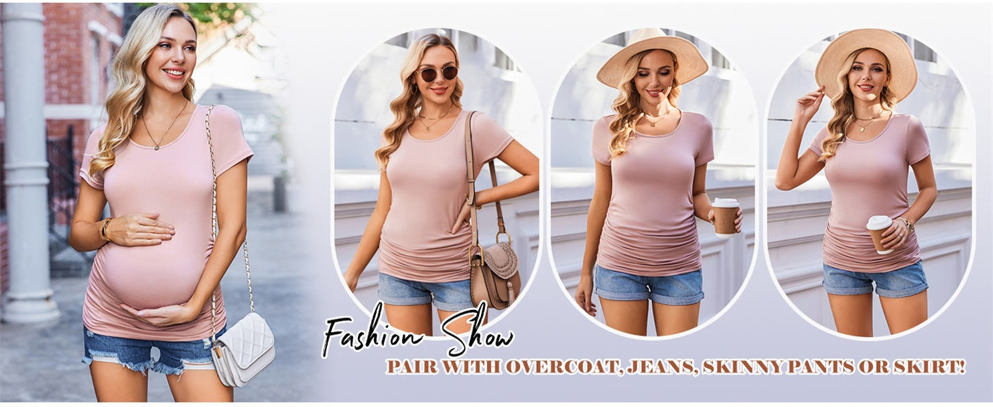 Ekouaer Womens Maternity Shirts 3 Packs Side Ruched Pregnancy Tee Top Casual Mama Clothes