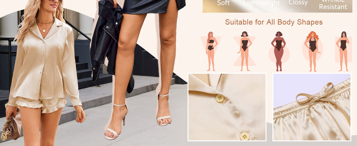 Ekouaer Womens Satin Pajama Sets Long Sleeve Top and Shorts Lounge Set Button Down Sleepwear