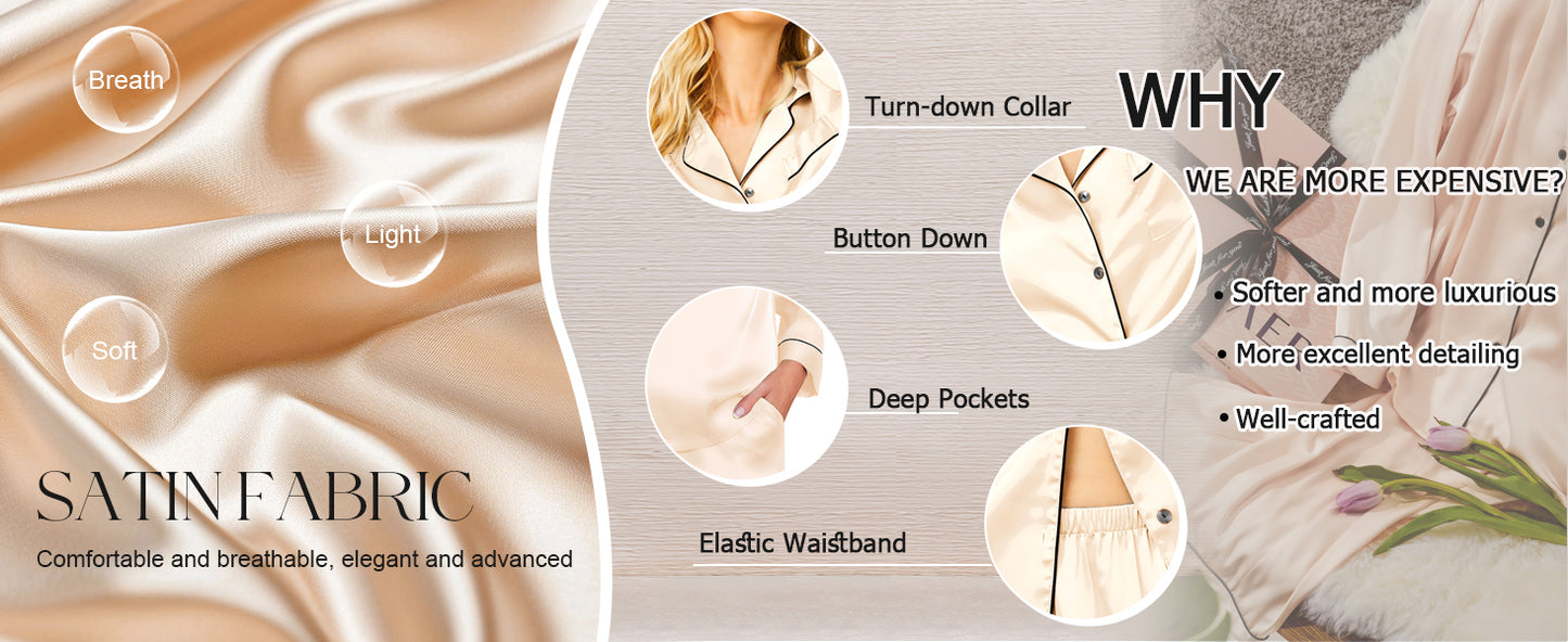 Ekouaer Silk Pajamas for Women Button Down Satin Pj Set Soft Long Sleeve 2 Piece Sleepwear Loungewear