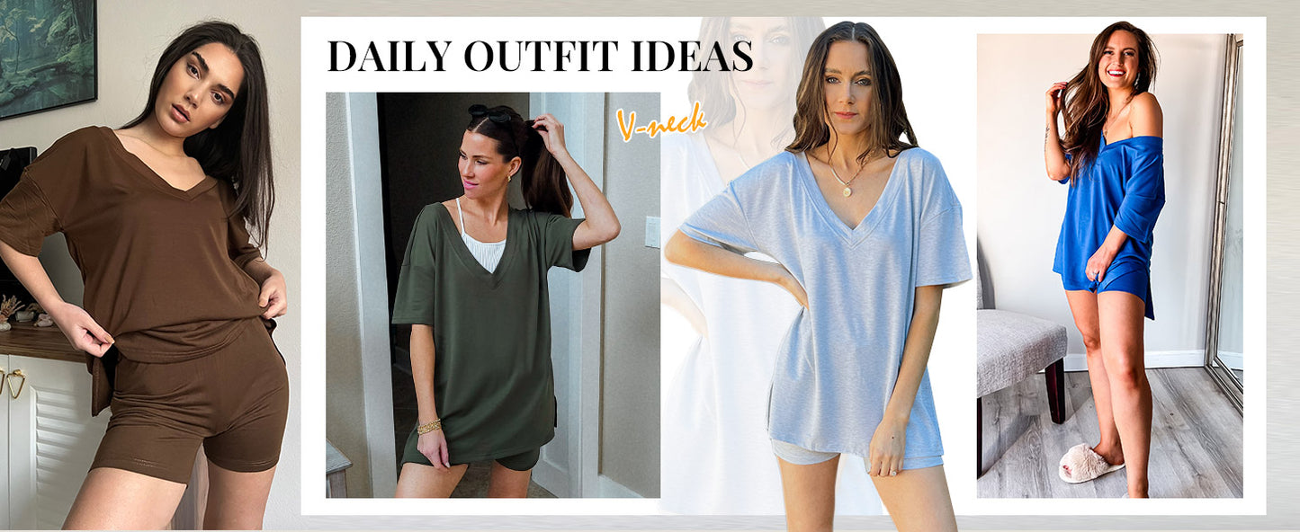 Ekouaer Womens Pajamas 2 Piece Lounge Sets Oversized V Neck T-Shirts Tops Biker Shorts Set Workout Reversible Tracksuit