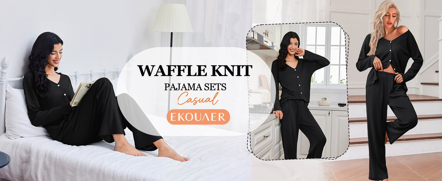 Ekouaer Womens Waffle Knit Pajamas Loungewear Two-piece Sleepwear Button-Down Pj Set with Pockets