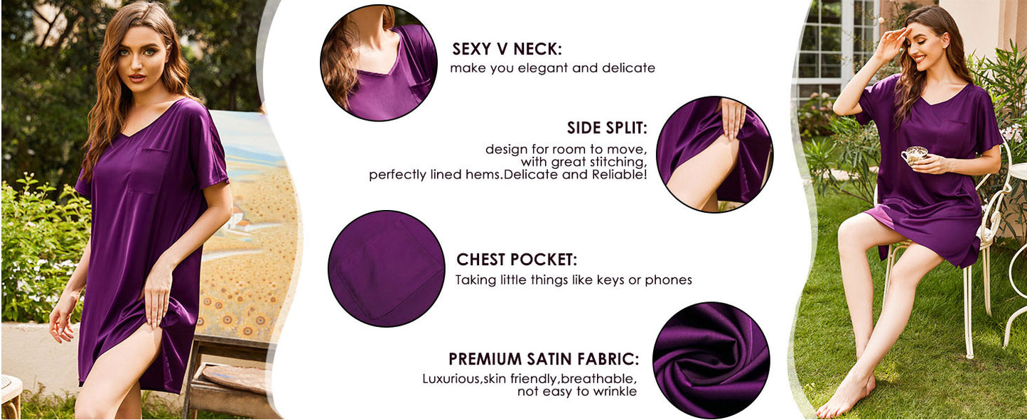 Ekouaer Women's Satin Nightgowns V Neck Side Split Sleepshirt Short Sleeves Sleepwear Chest Pocket Nightshirt
