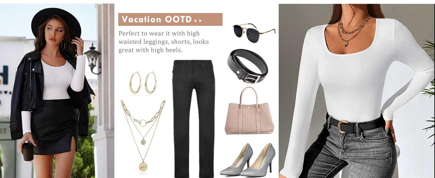 Ekouaer Women Long Sleeve Shirt Scoop Neck Tops Slim Fit Basic Top Thermal Undershirts Base Layer Tee