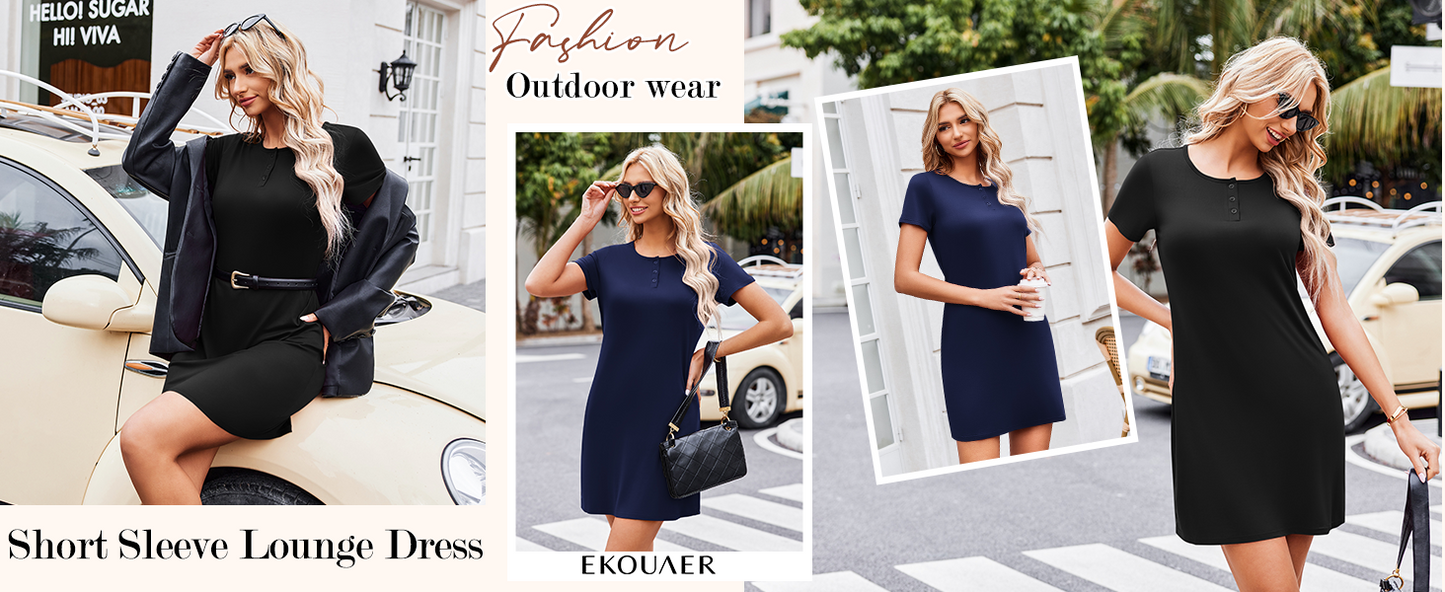 Ekouaer 3 Pack Women's Sleepshirts Soft Sleepwear Short Sleeve T-Shirt Nightgowns Casual Sleepdress Nightshirts