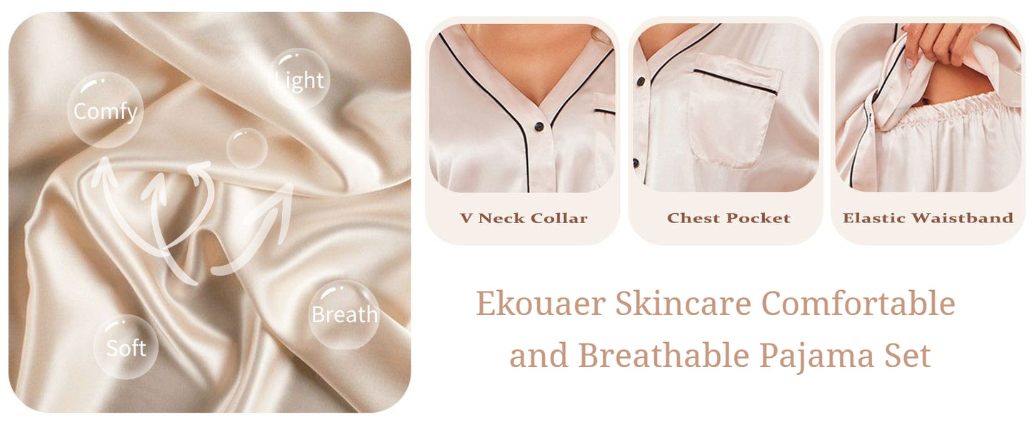 Ekouaer Satin Pajama Set Womens Short Sleeve V Neck Silky Shirt with Capri Pant Button Down PJs Soft Satin Loungewear