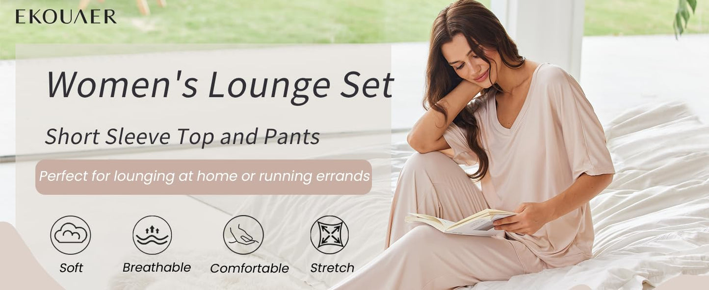Ekouaer Lounge Sets for Women Comfy Pajamas Set 2 Piece Outfits Short Sleeve Tops and Wide Leg Pants with Large Pockets