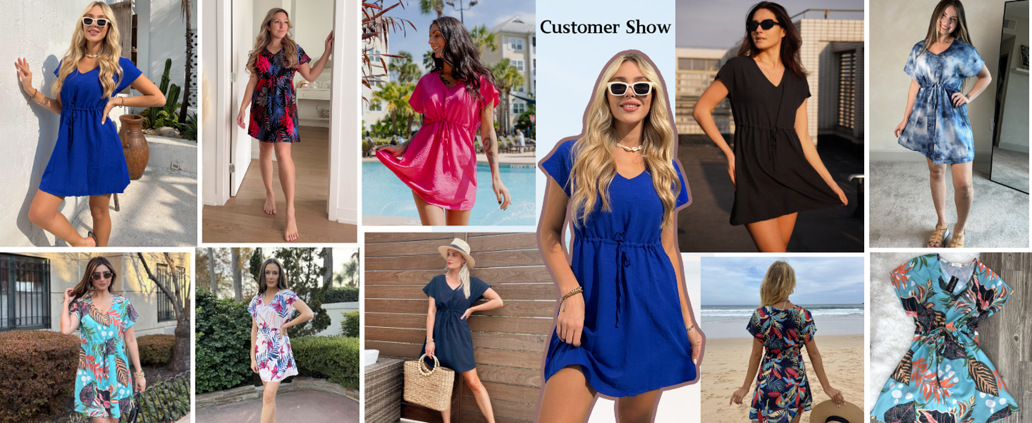Ekouaer Women's Cover Ups Casual Swimsuit Coverups Flowy Tie Waist Beach Cover Up Dress