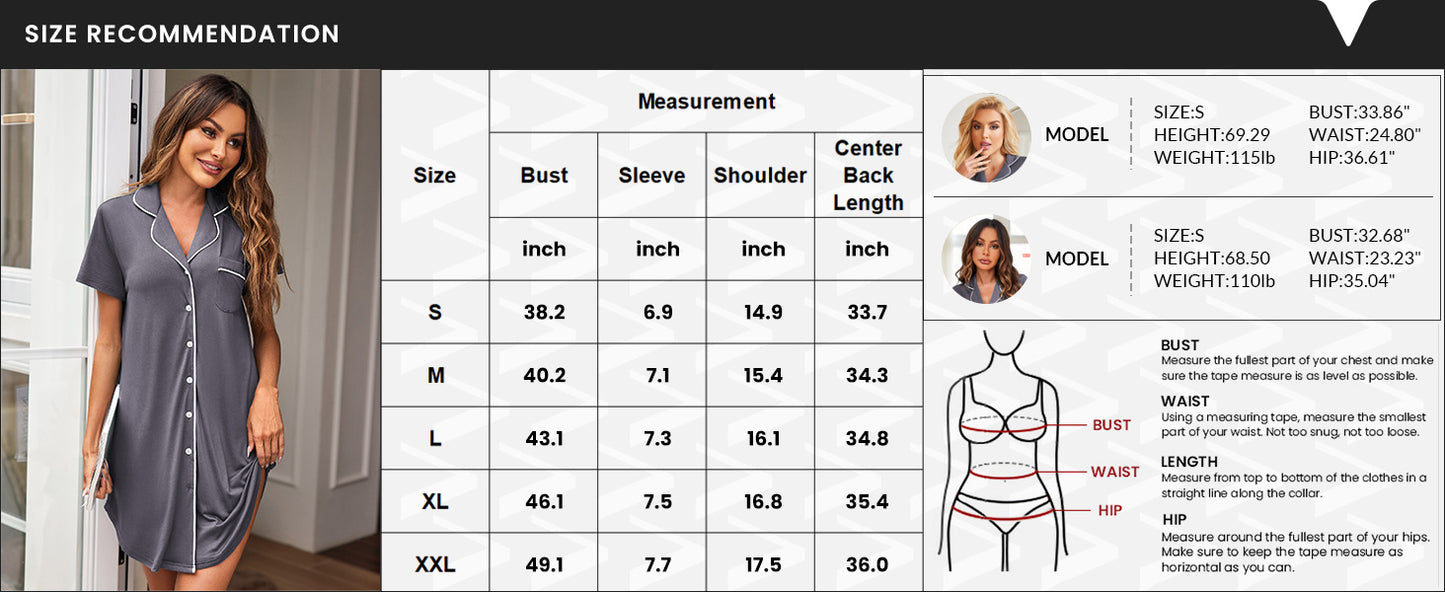 Ekouaer Womens Nightgown Button Down Sleepshirts Short Sleeve Sleepwear Boyfriend Nightshirts Pajama Dress