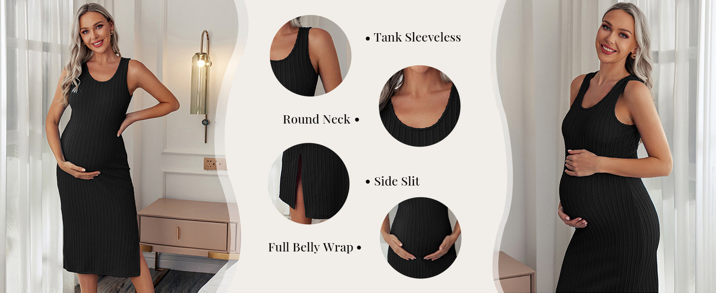 Ekouaer Women's Maternity Dress Rib Knit Sleeveless Tank Side Slit Bodycon Dresses Pregnancy Clothes
