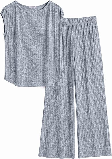 Ekouaer 2 Piece Lounge Sets for Women Matching Summer Outfits Casual Ribbed Knit Cap Sleeve Wide Leg Pants Sets