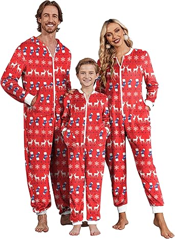Ekouaer Christmas Onesie Matching Family Fleece Hooded One Piece Zipper Long Sleeve Pajamas with Pockets