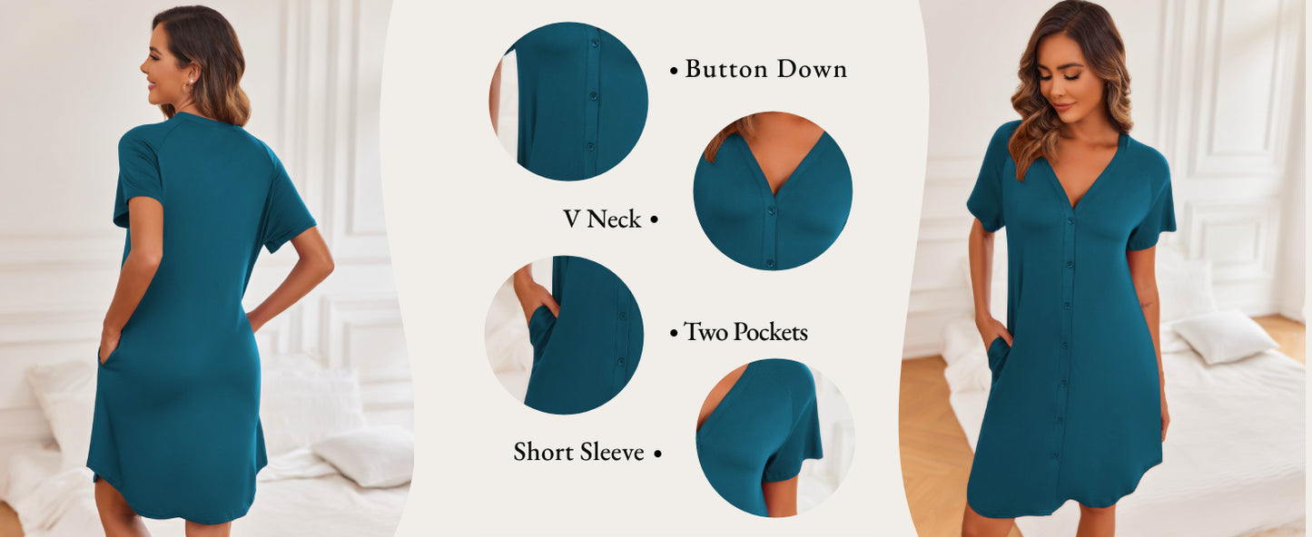 Ekouaer Women's Button Down Nightgown Short Sleeve Sleepshirt V Neck Night Shirt Soft Pajamas Dress with Pockets Black
