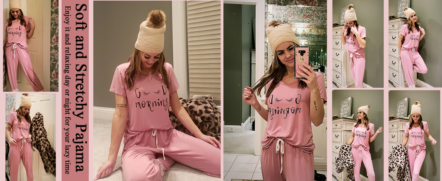 Ekouaer Womens Pajamas Set 2 Piece Lounge Pj Set Short Sleeve Sleepwear Tops with Joggers Pants Loungewear Print Nightwear