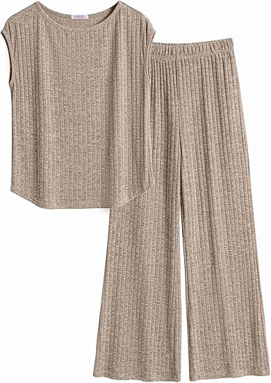Ekouaer 2 Piece Lounge Sets for Women Matching Summer Outfits Casual Ribbed Knit Cap Sleeve Wide Leg Pants Sets