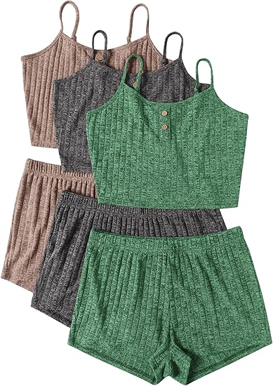 Ekouaer 3 Sets for Women Ribbed Pajamas Crop Cami Top and Shorts Pjs Casual Sleeveless Button Lounge Set Sleepwear