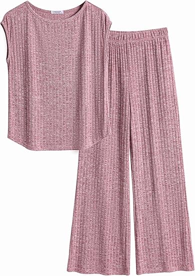 Ekouaer 2 Piece Lounge Sets for Women Matching Summer Outfits Casual Ribbed Knit Cap Sleeve Wide Leg Pants Sets