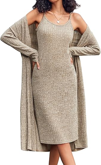 Ekouaer Womens Knit Robe Set 2 Piece Nightgown with Robes Long Sleeves Lounge Sets with Pockets