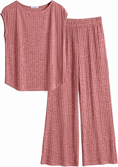 Ekouaer 2 Piece Lounge Sets for Women Matching Summer Outfits Casual Ribbed Knit Cap Sleeve Wide Leg Pants Sets