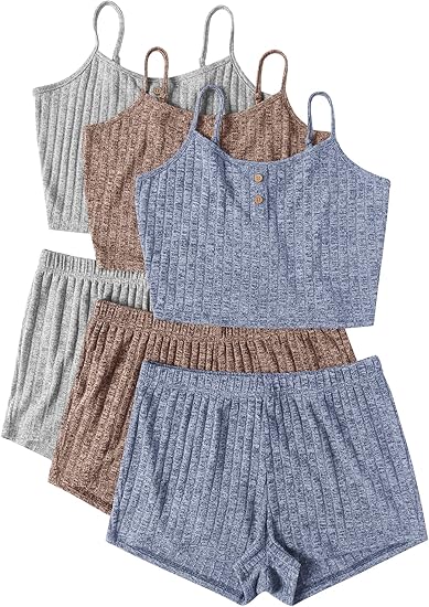 Ekouaer 3 Sets for Women Ribbed Pajamas Crop Cami Top and Shorts Pjs Casual Sleeveless Button Lounge Set Sleepwear