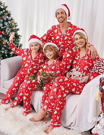 Ekouaer Christmas Family Matching Pajamas Long Sleeve Button Down Pj Set Festival Party Sleepwear Christmas Red XL