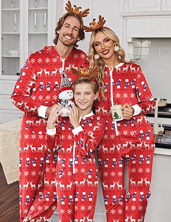 Ekouaer Christmas Onesie Matching Family Fleece Hooded One Piece Zipper Long Sleeve Pajamas with Pockets