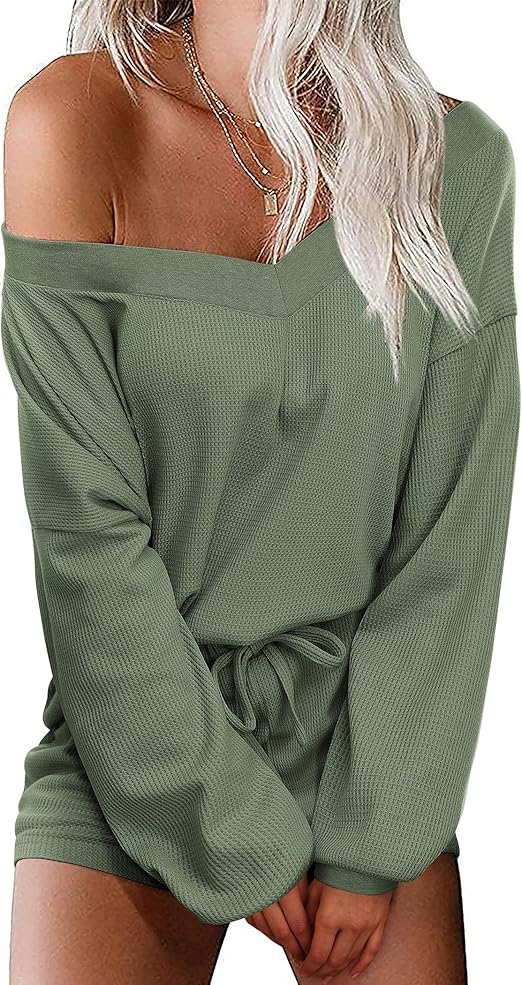 Ekouaer Womens Pajama Set Waffle Knit Lounge Set V Neck Off Shoulder Sleepwear Long Sleeve Top and Shorts 2 Piece Sweatsuit