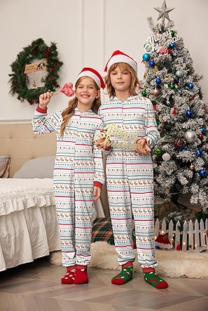 Ekouaer Christmas Onesie Matching Family Elk Antler Hooded Zipper One Piece Long Sleeve Pajamas with Pockets