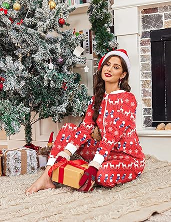 Ekouaer Christmas Onesie Fleece Long Sleeve Adult One Piece Pajamas for Women Zipper Pjs with Pocket