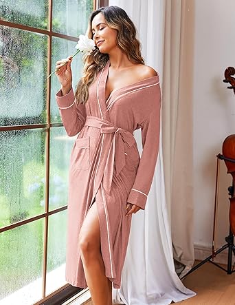 Ekouaer Women Robes Full Length Knit Bathrobe Lightweight Soft Sleepwear V-neck Casual Ladies Loungewear